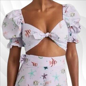 2/$50 Hill House The Isabella Top Sea Creatures Cropped Puff Sleeve Size S